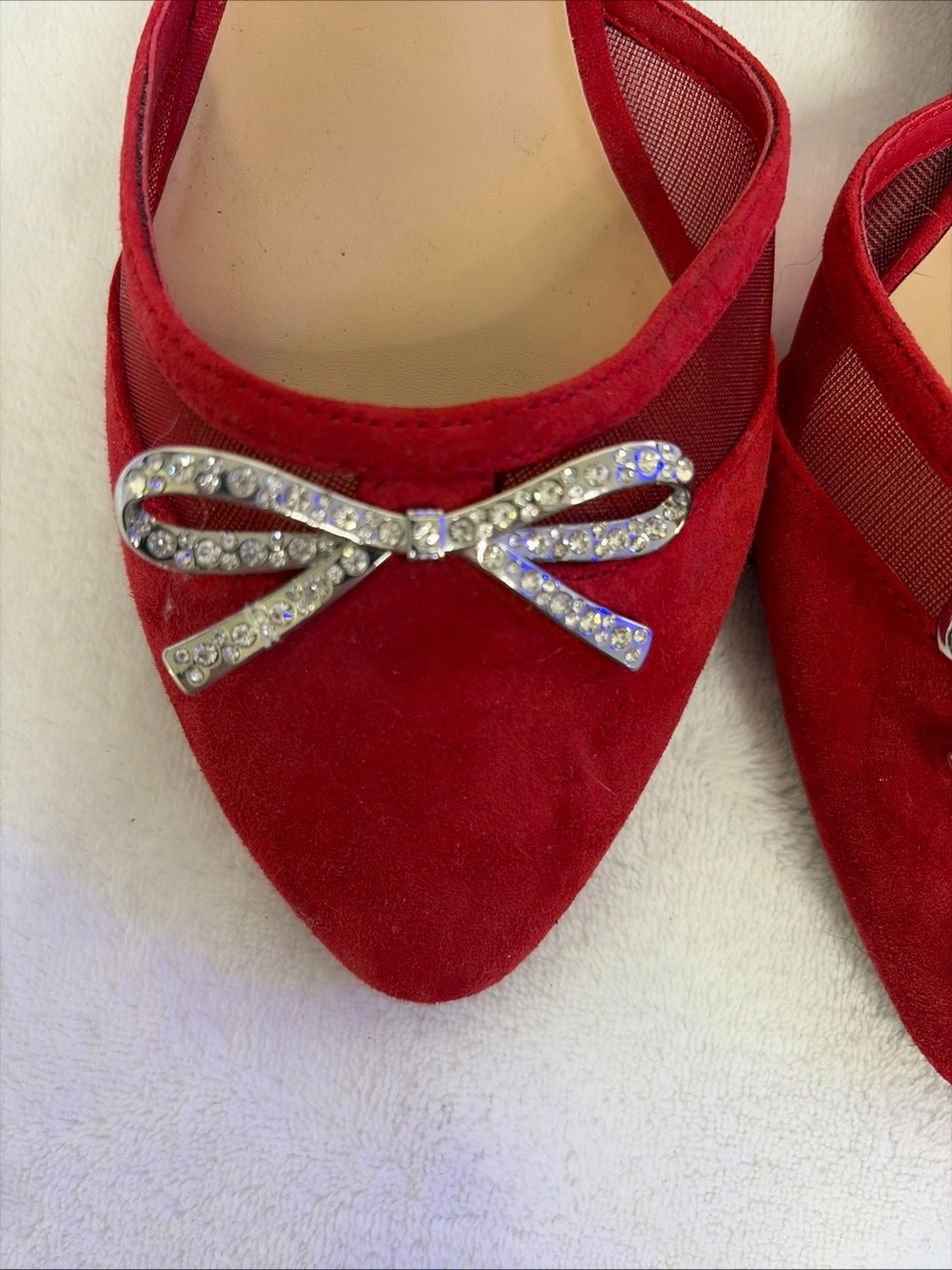 Copper Key Red Suede Pointed-Toe Ankle-Strap Heels with Rhinestone Bow - Picture 6 of 7